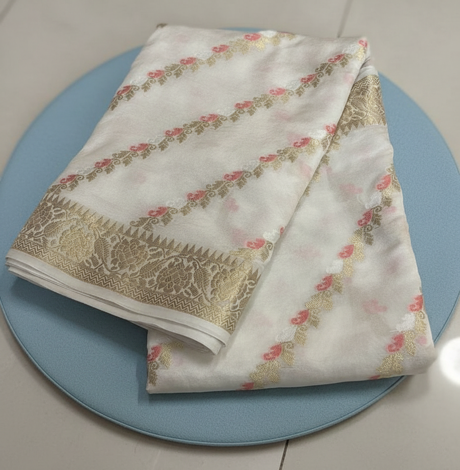 Banarasi Mina Laheriya Saree with rich zari border and jacquard pallu - white-color-saree