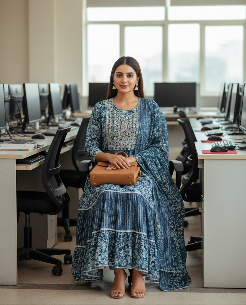 Woman in a blue dress sitting in an office with desks and computers.