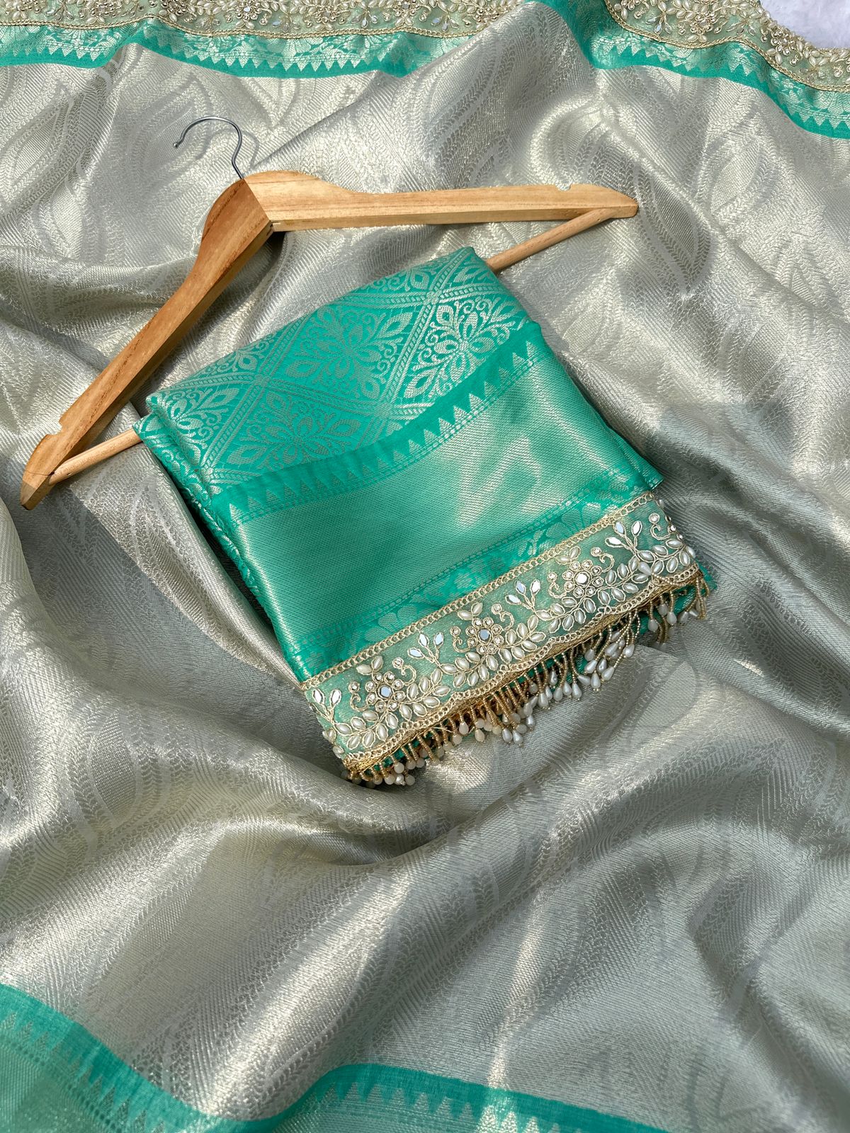 Sea-Green Banarasi Brocade Soft Silk Saree with Premium Lace Work and Tassels