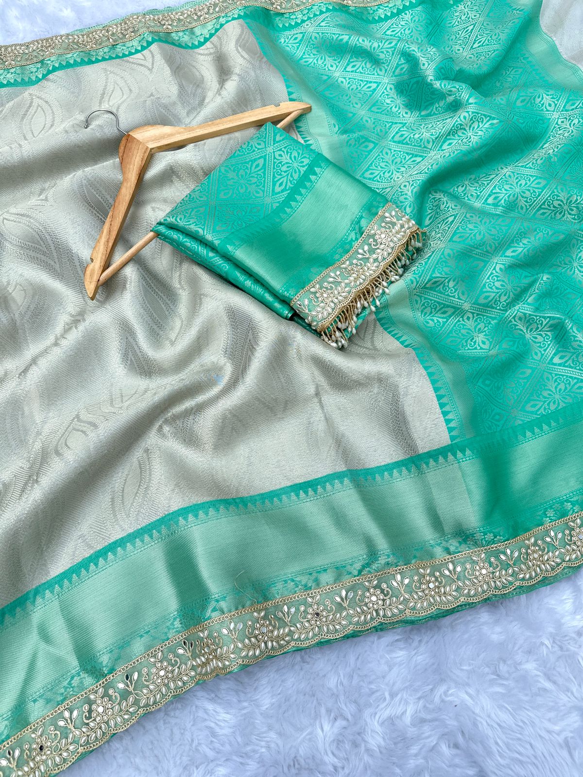 Sea Green-Banarasi-Brocade Soft Silk Saree with Premium Lace Work and Tassels