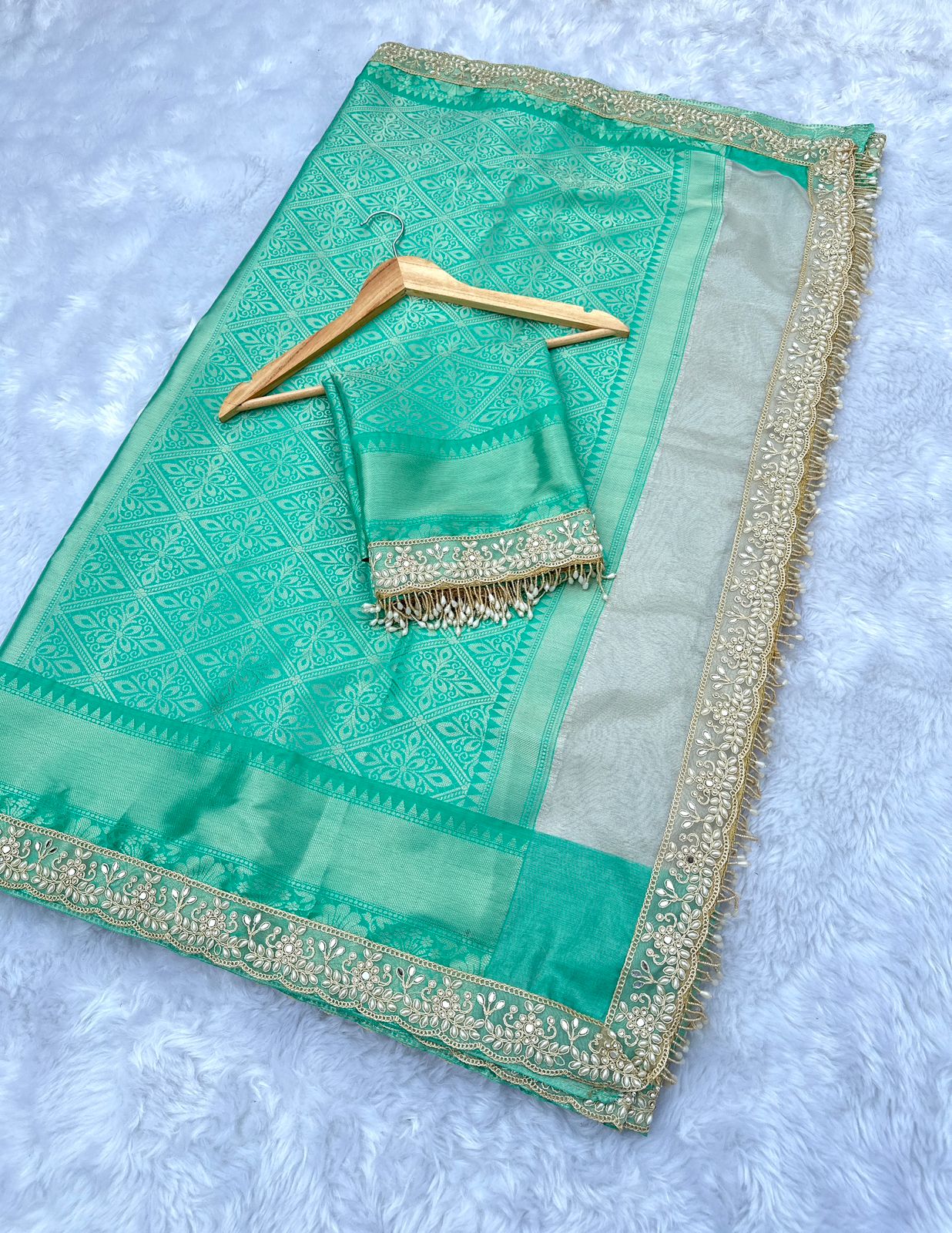 Sea Green Banarasi Brocade-Soft Silk Saree with Premium Lace Work and Tassels