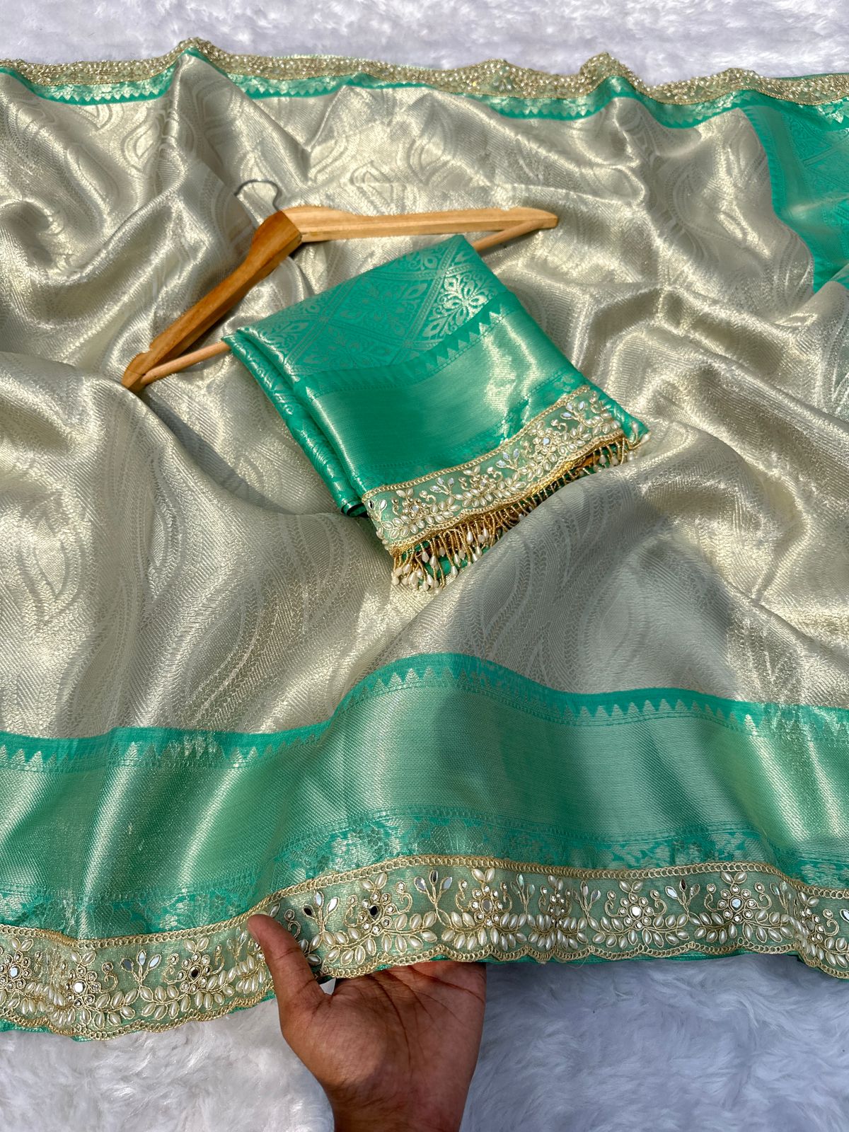 Sea Green- Banarasi Brocade Soft Silk Saree with Premium Lace Work and Tassels