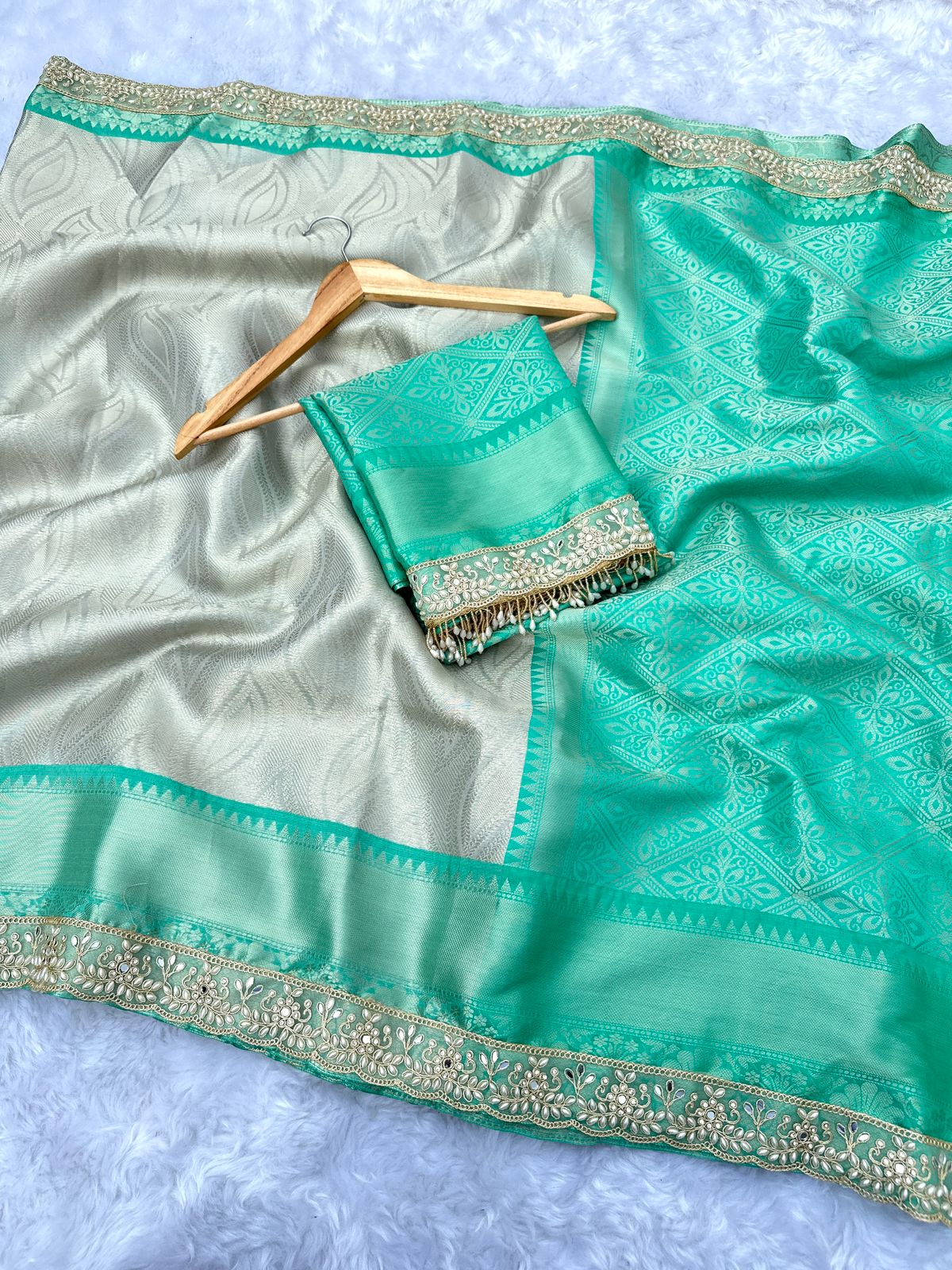 Sea Green Banarasi Brocade Soft Silk Saree with Premium Lace Work -Tassels