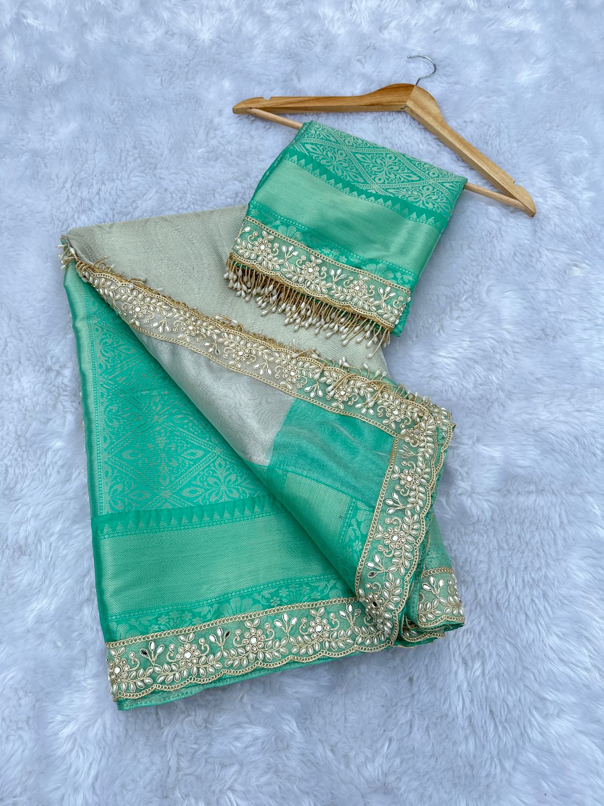 Sea Green Banarasi Brocade - Soft Silk Saree with Premium Lace Work and Tassels