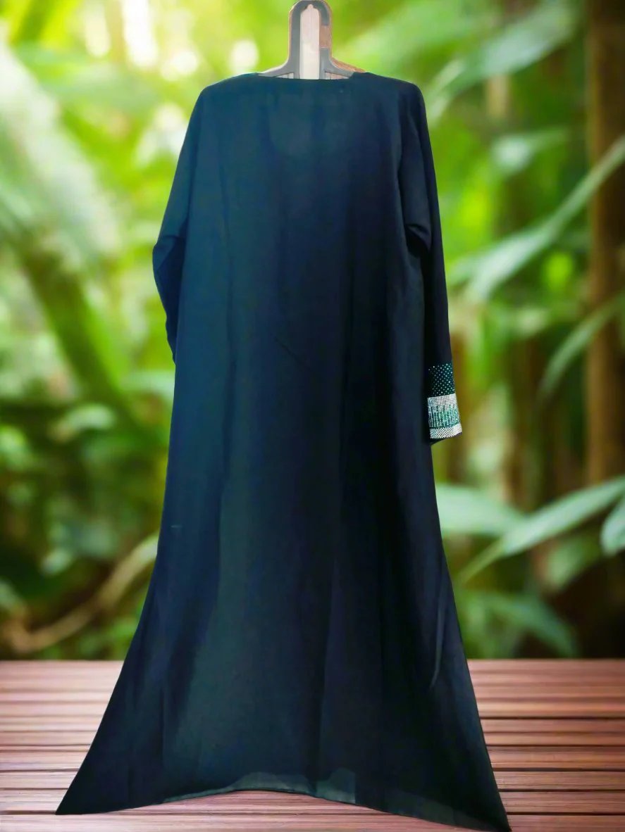 Black Double Layer Burqa with Blue and White Stonework in Premium Nida Fabric-backside