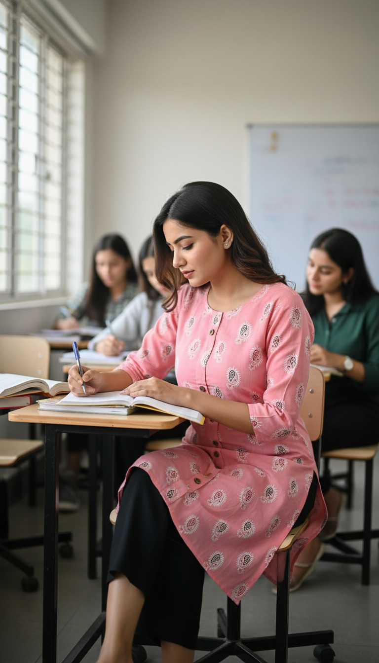 Woman in a pink kurta sitting at a desk in a classroom, writing in a notebook.