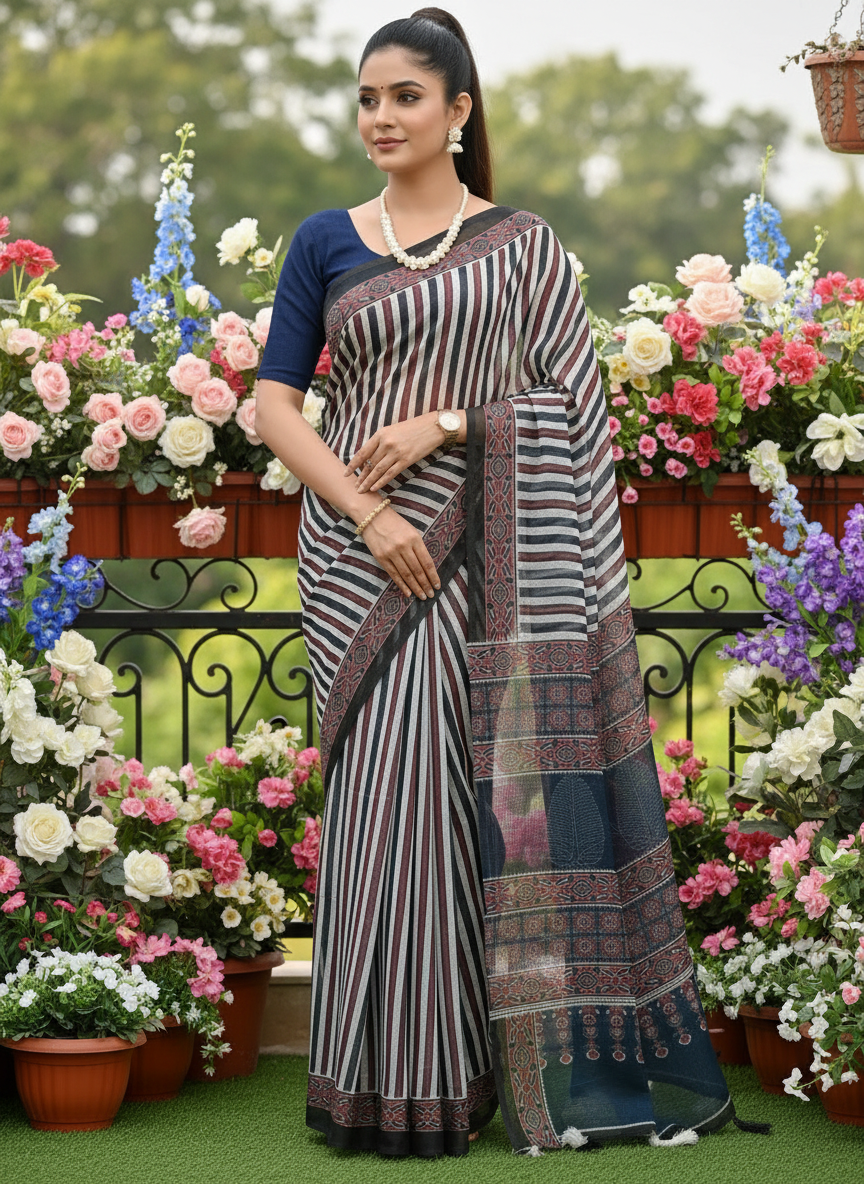 Soft linen cotton saree with simple classy drape – everyday ethnic wear-Woman in a striped saree standing in front of a floral garden