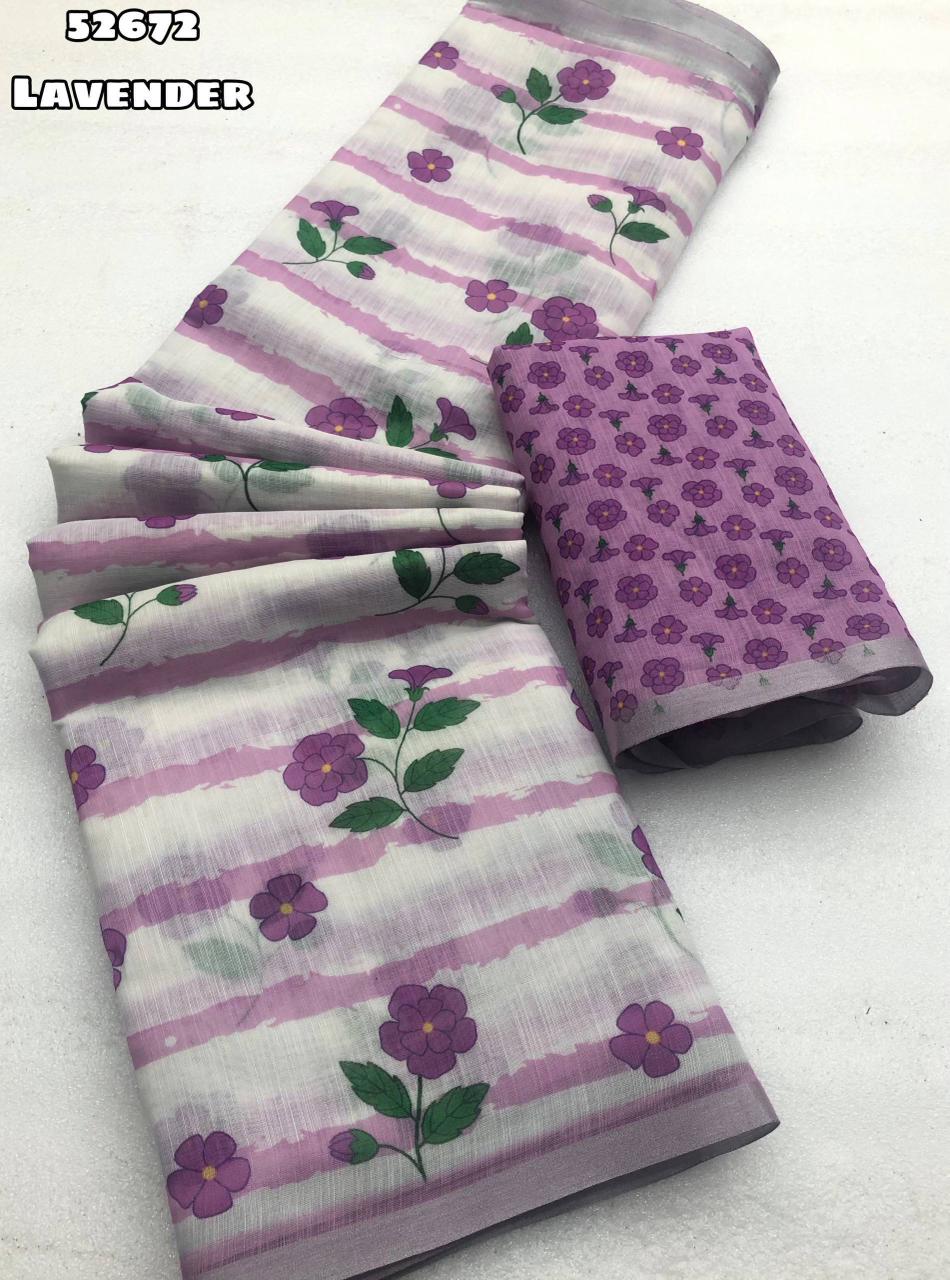 Soft Linen Saree with lavender & White Geometrical Floral Digital Print and Silver Zari Border