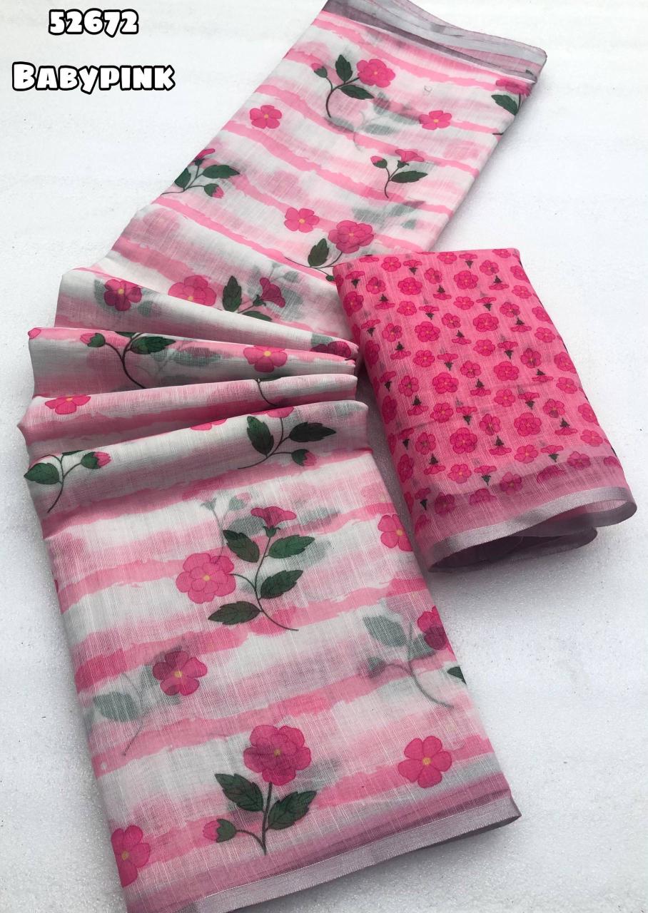 Soft Linen Saree with pink & White Geometrical Floral Digital Print and Silver Zari Border