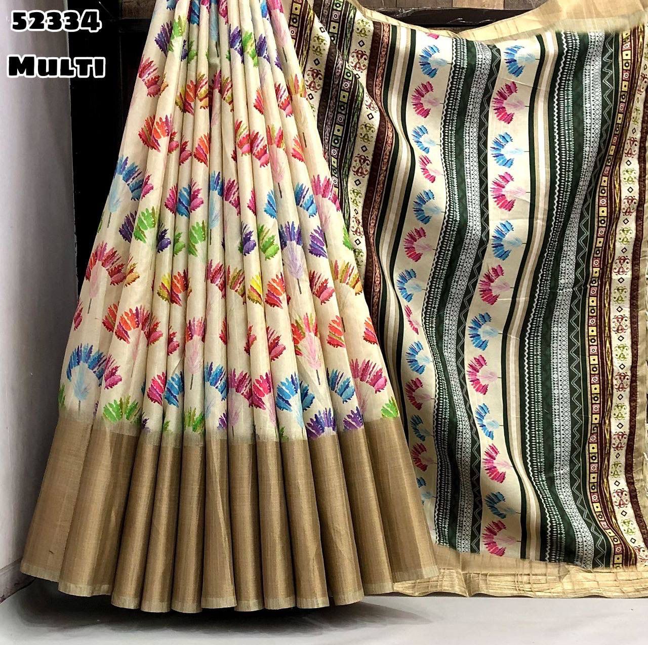 Handloom Tussar Silk Saree with Floral Digital Print & 9 Inch Zari Border-52334