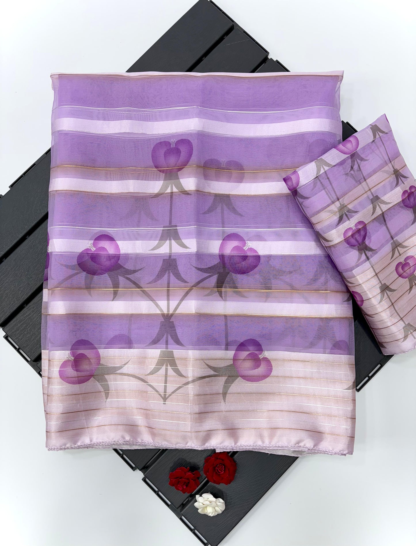 Purple and lavender striped fabric with floral patterns on a white background-Soft organza satin patta saree with digital floral print and matching blouse-light-weight-original