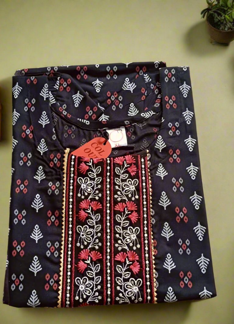 Floral Embroidered Straight-Cut Kurti for Women – Daily Wear Tops-navy-blue