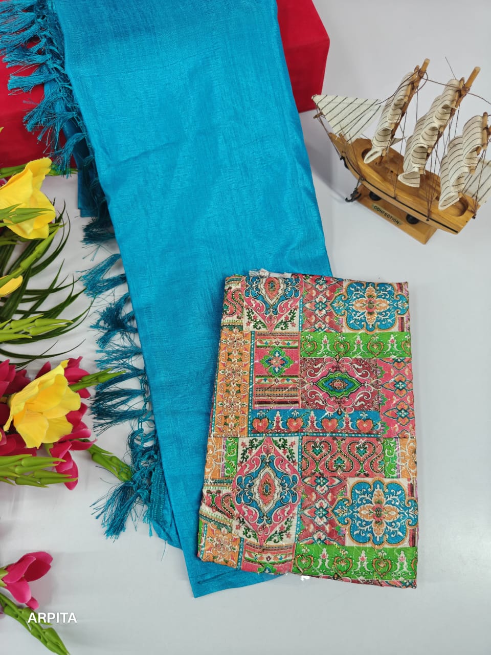 Vichitra Silk Saree with Combo Designer Blouse – VICH-001