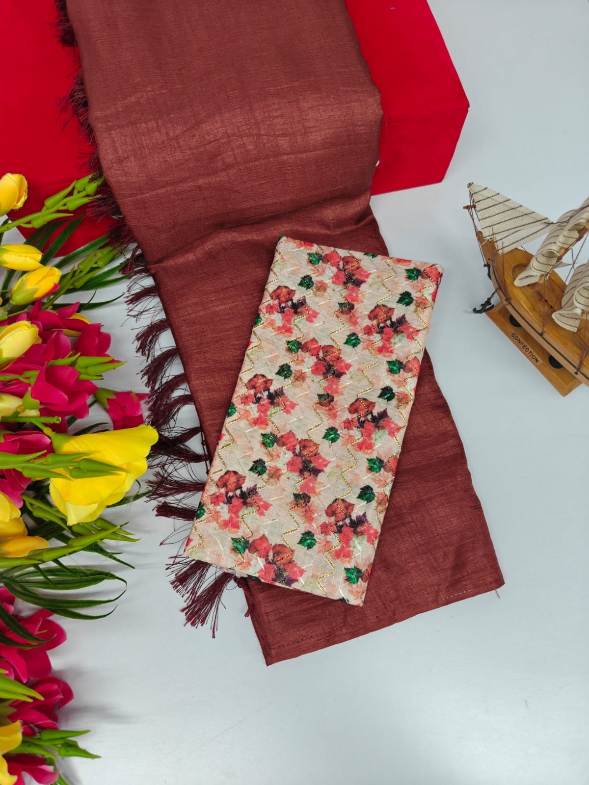 Vichitra Silk Saree with Combo Designer Blouse – VICH-001