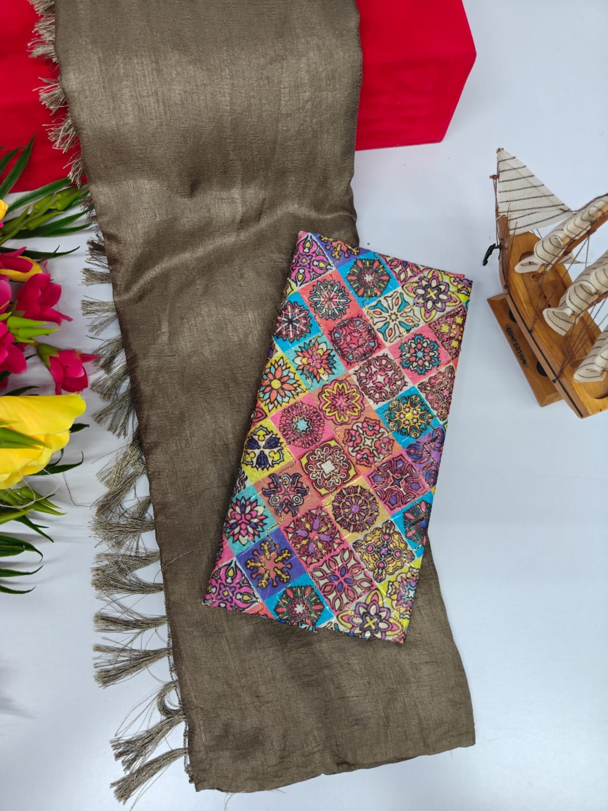 Vichitra Silk Saree with Combo Designer Blouse – VICH-001