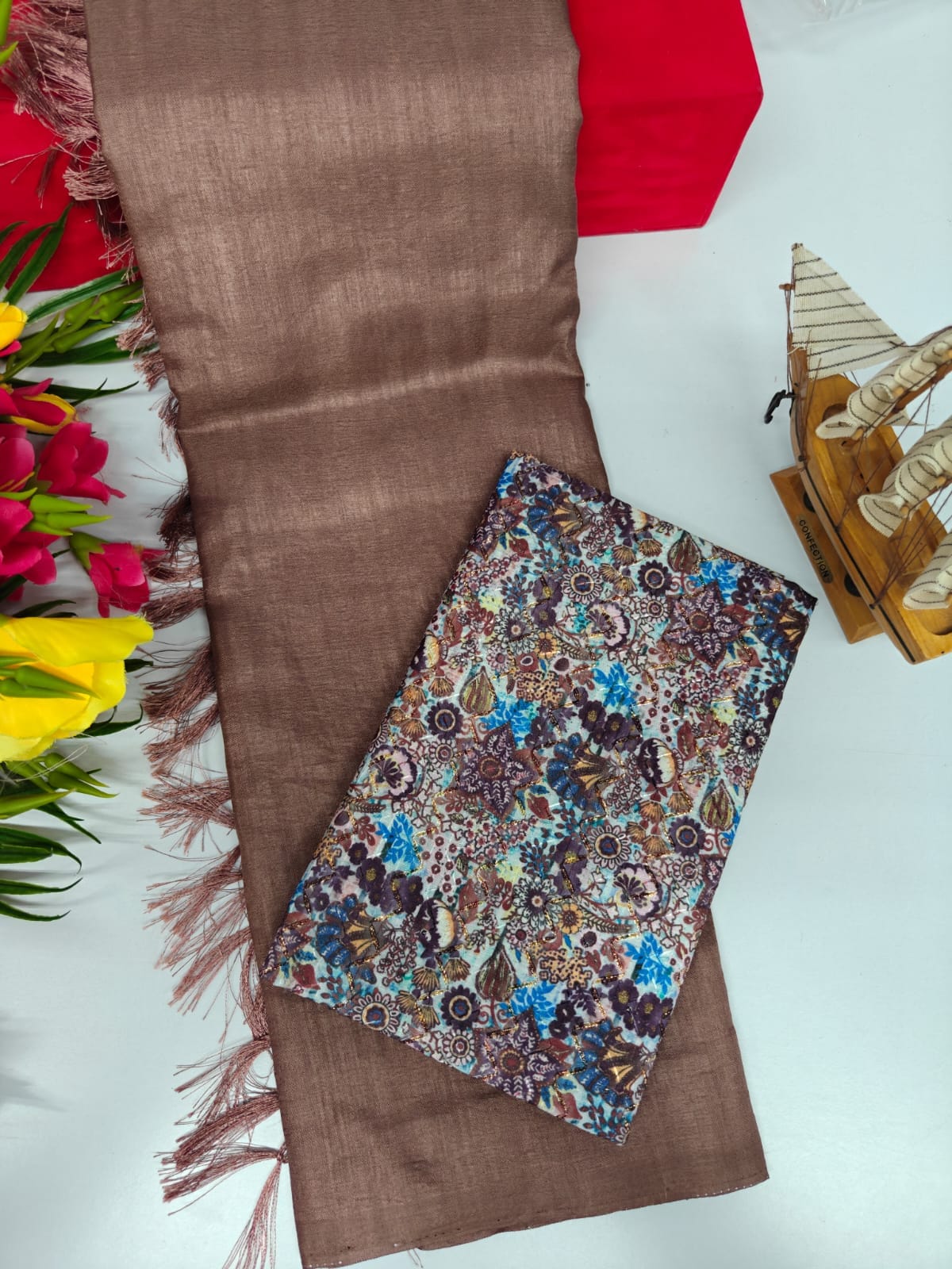 Vichitra Silk Saree with Combo Designer Blouse – VICH-001