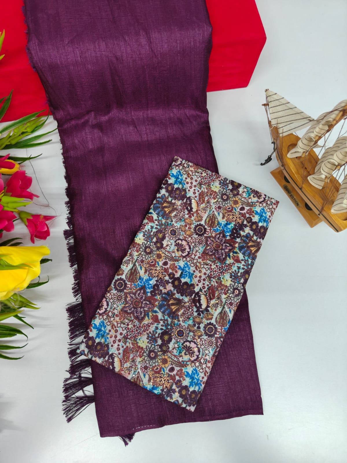 Vichitra Silk Saree with Combo Designer Blouse – VICH-001