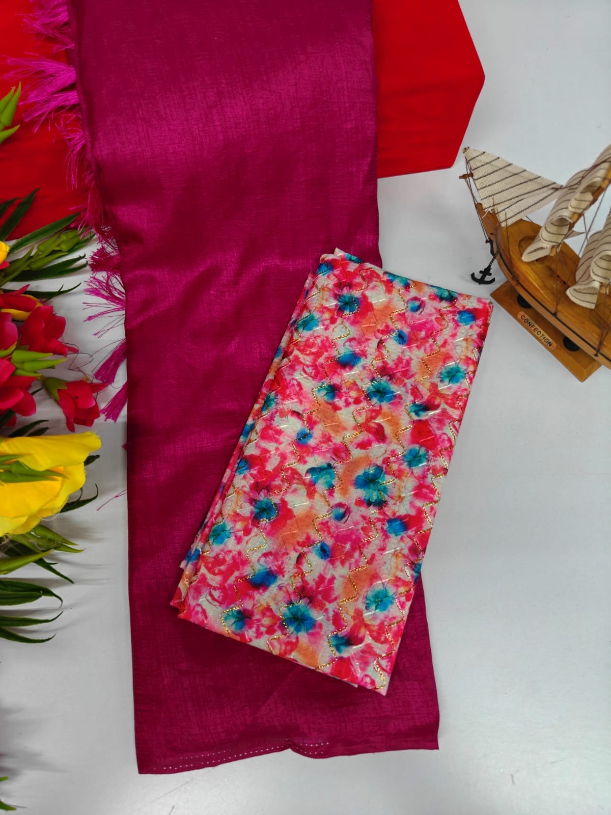 Vichitra Silk Saree with Combo Designer Blouse – VICH-001