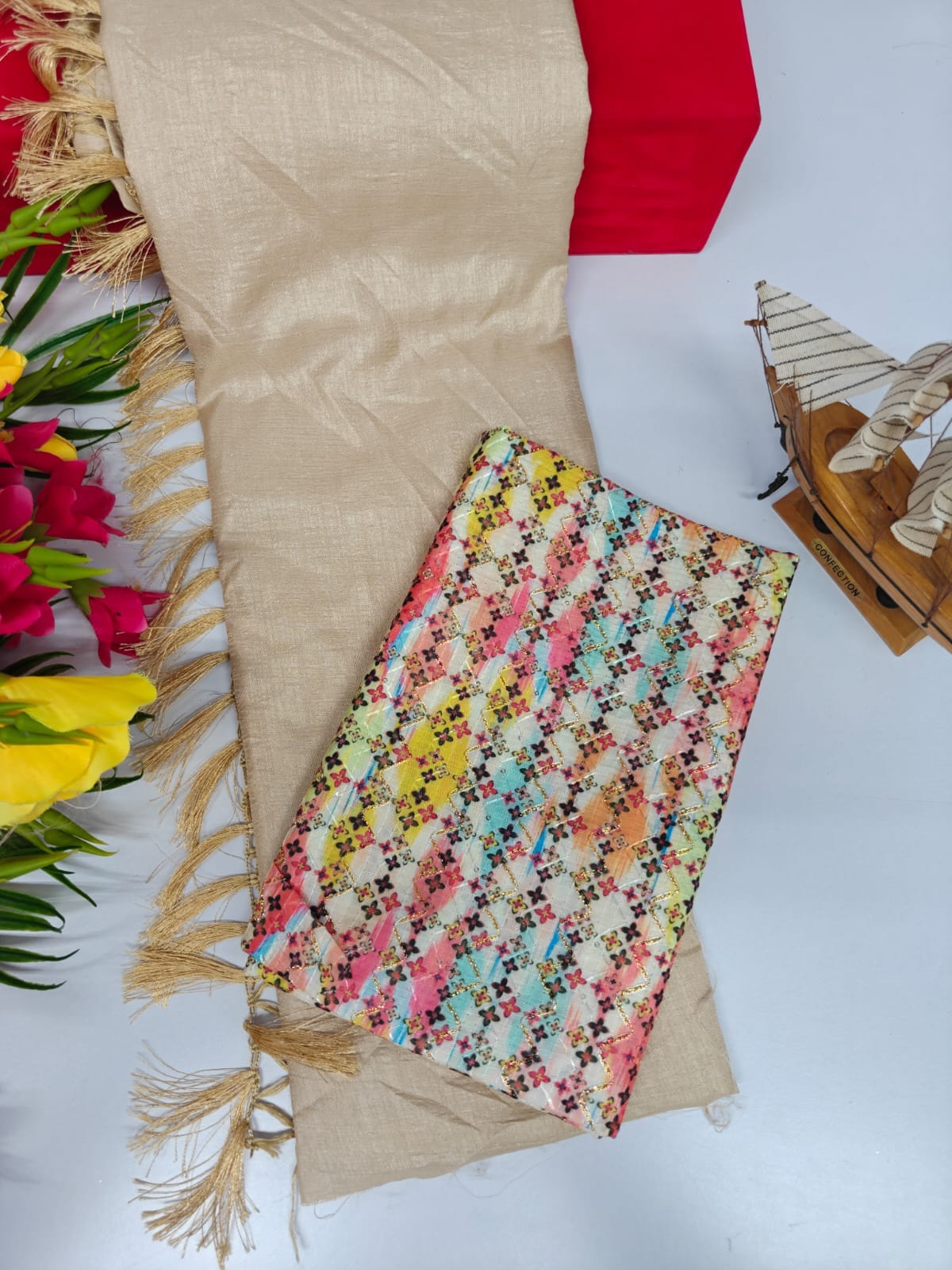 Vichitra Silk Saree with Combo Designer Blouse – VICH-001