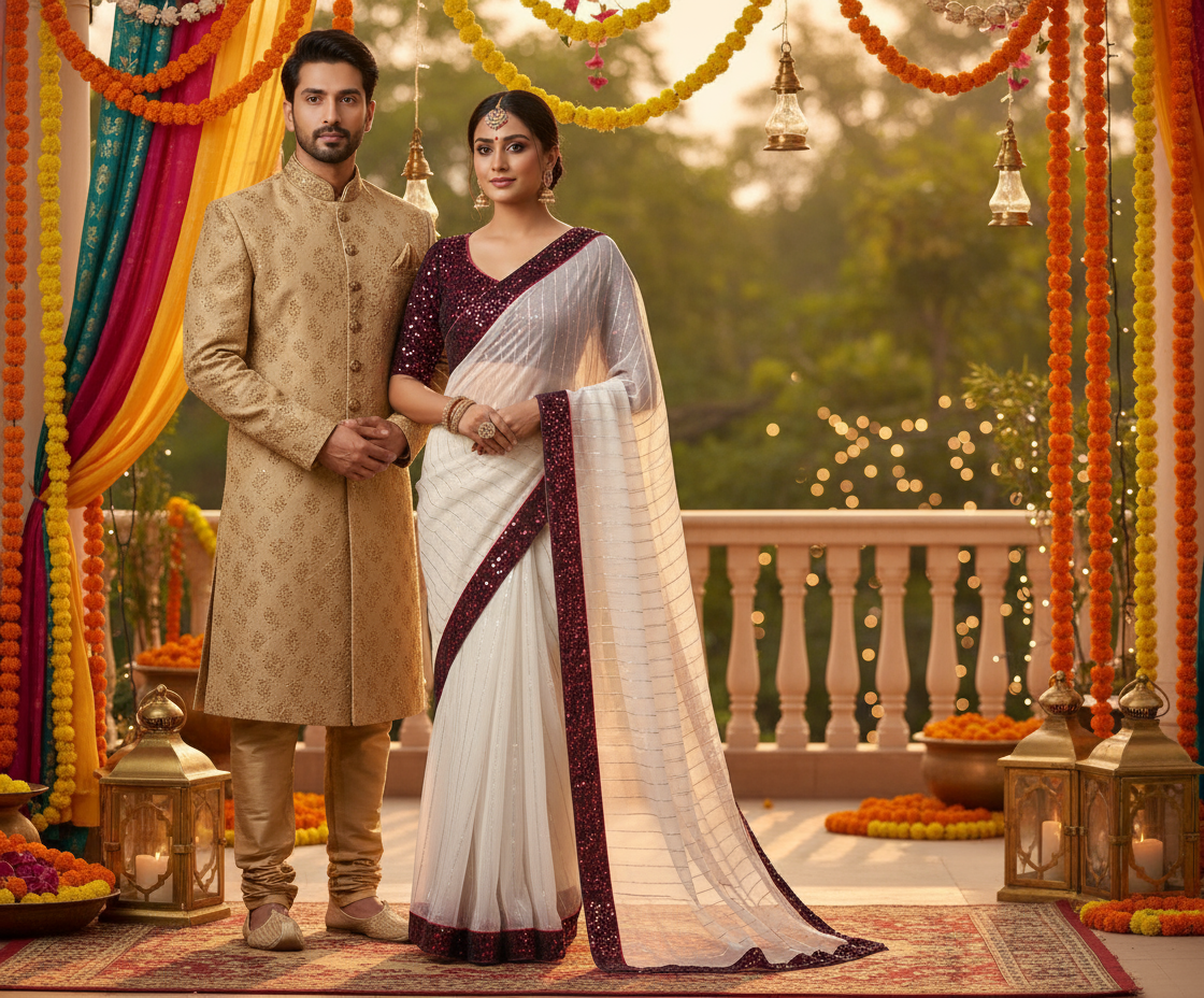Man and woman in traditional attire standing in a decorated outdoor setting with flowers and lanterns.