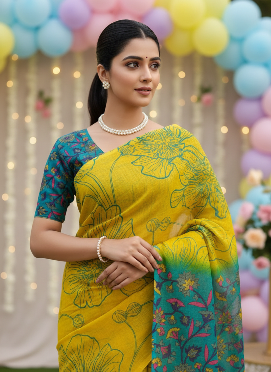 Soft linen cotton saree with simple classy drape – everyday ethnic wear-Woman in a yellow saree with floral patterns against a colorful balloon background