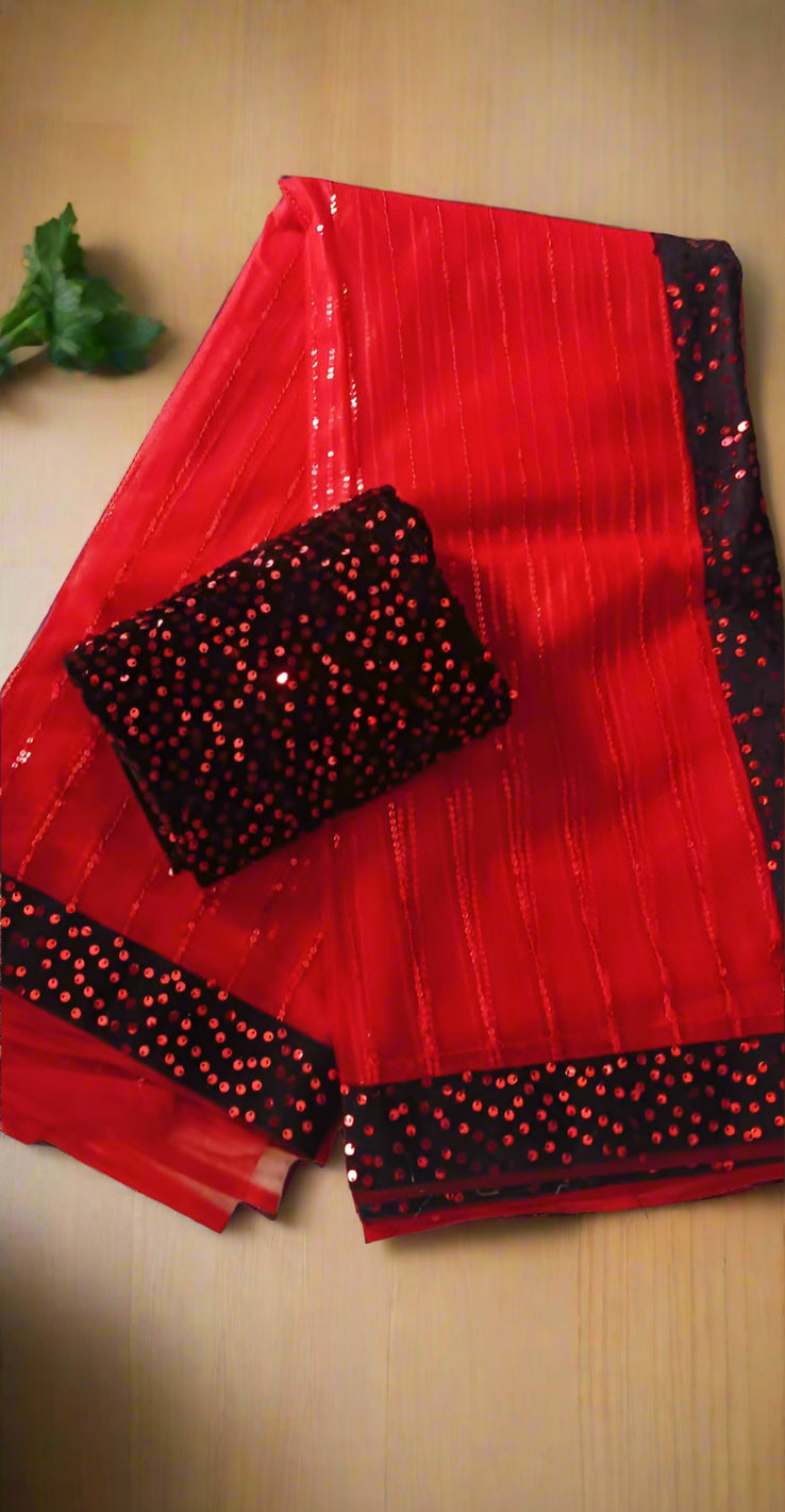 Newly Married - Sequence Saree - Red