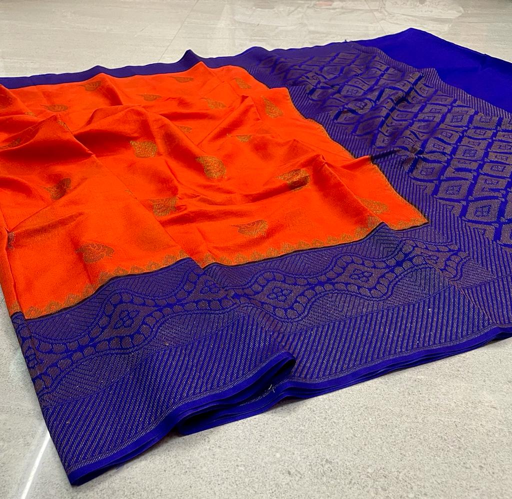 Banarasi Daybal Semi Doupin Soft Silk Saree-with all-over buta-weaving - rich pallu design