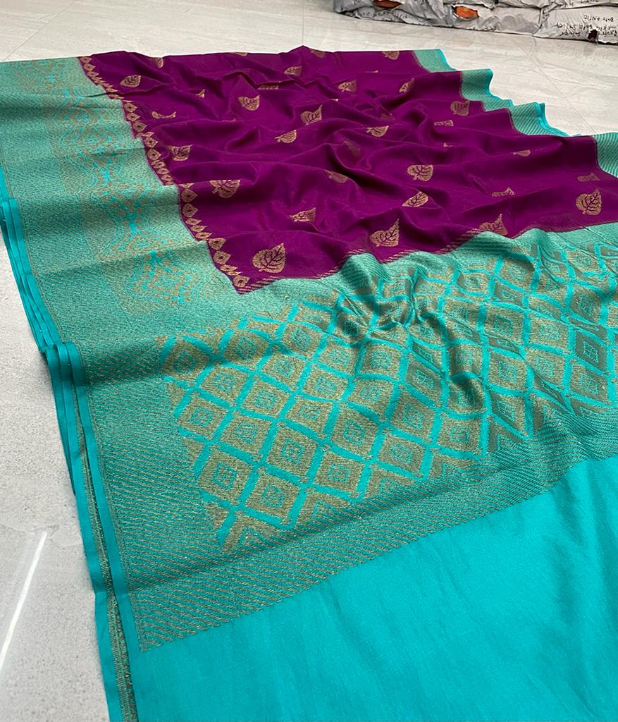Banarasi-Daybal-Semi Doupin Soft Silk Saree with all-over buta-weaving - rich pallu design