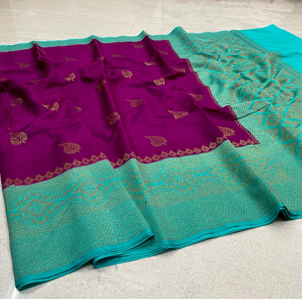 Banarasi Daybal -Semi Doupin Soft Silk Saree with all-over buta-weaving - rich pallu design