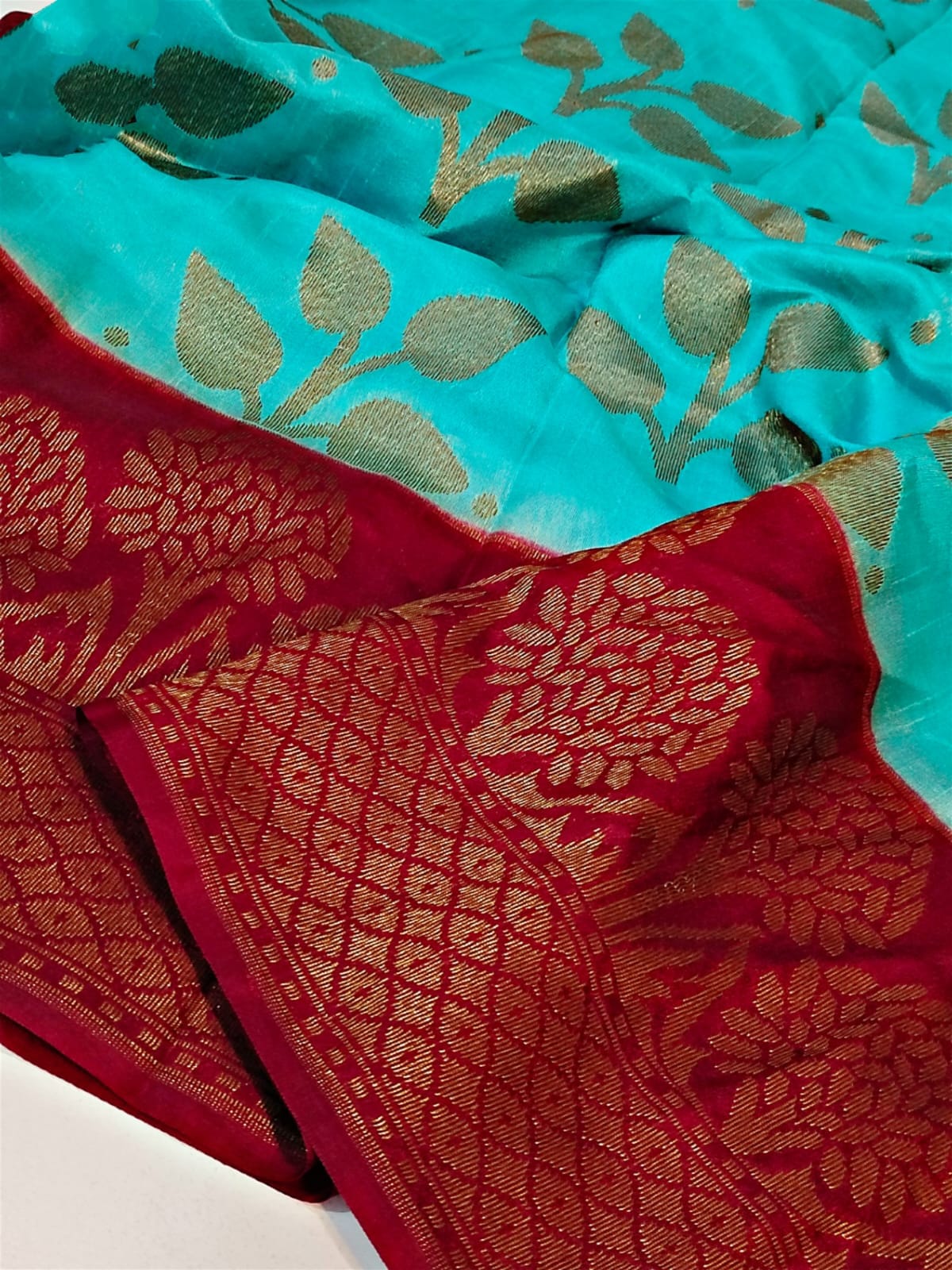 Banarasi Daybal Semi Doupin Soft Silk Saree with all-over buta-weaving - rich pallu design-sky