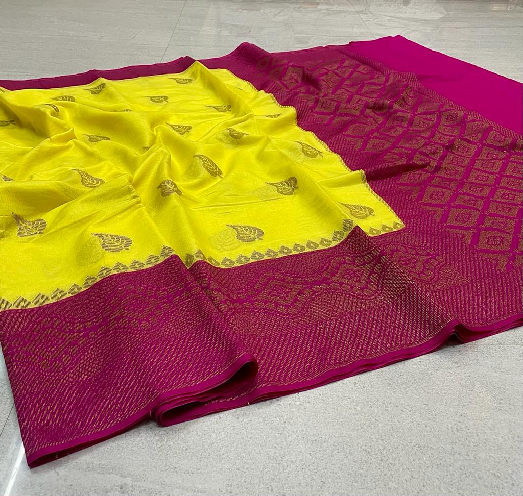 Banarasi Daybal Semi Doupin-Soft Silk Saree with all-over buta-weaving - rich pallu design