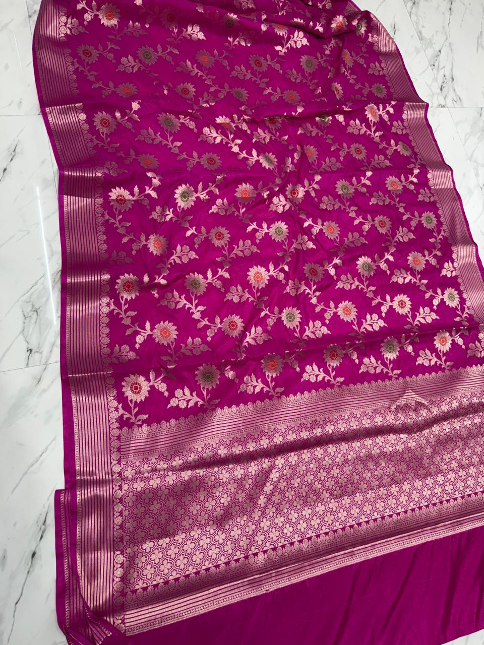 Banarasi Katan Dyeble Dupion Meenakari Jaal Silk Saree with Dual Zari Weaves-pink