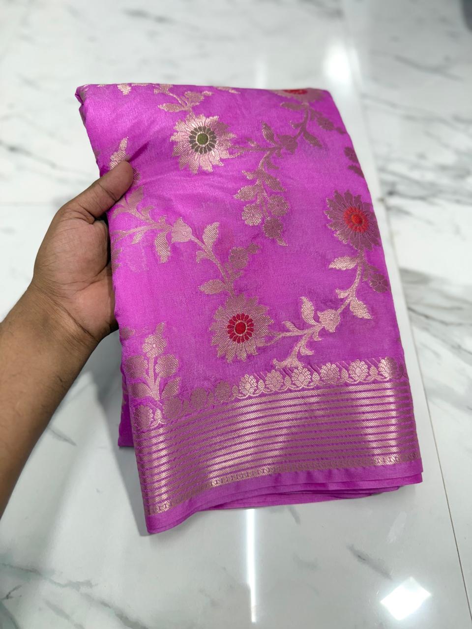 Banarasi Katan Dyeble Dupion Meenakari Jaal Silk Saree with Dual Zari Weaves-baby pink