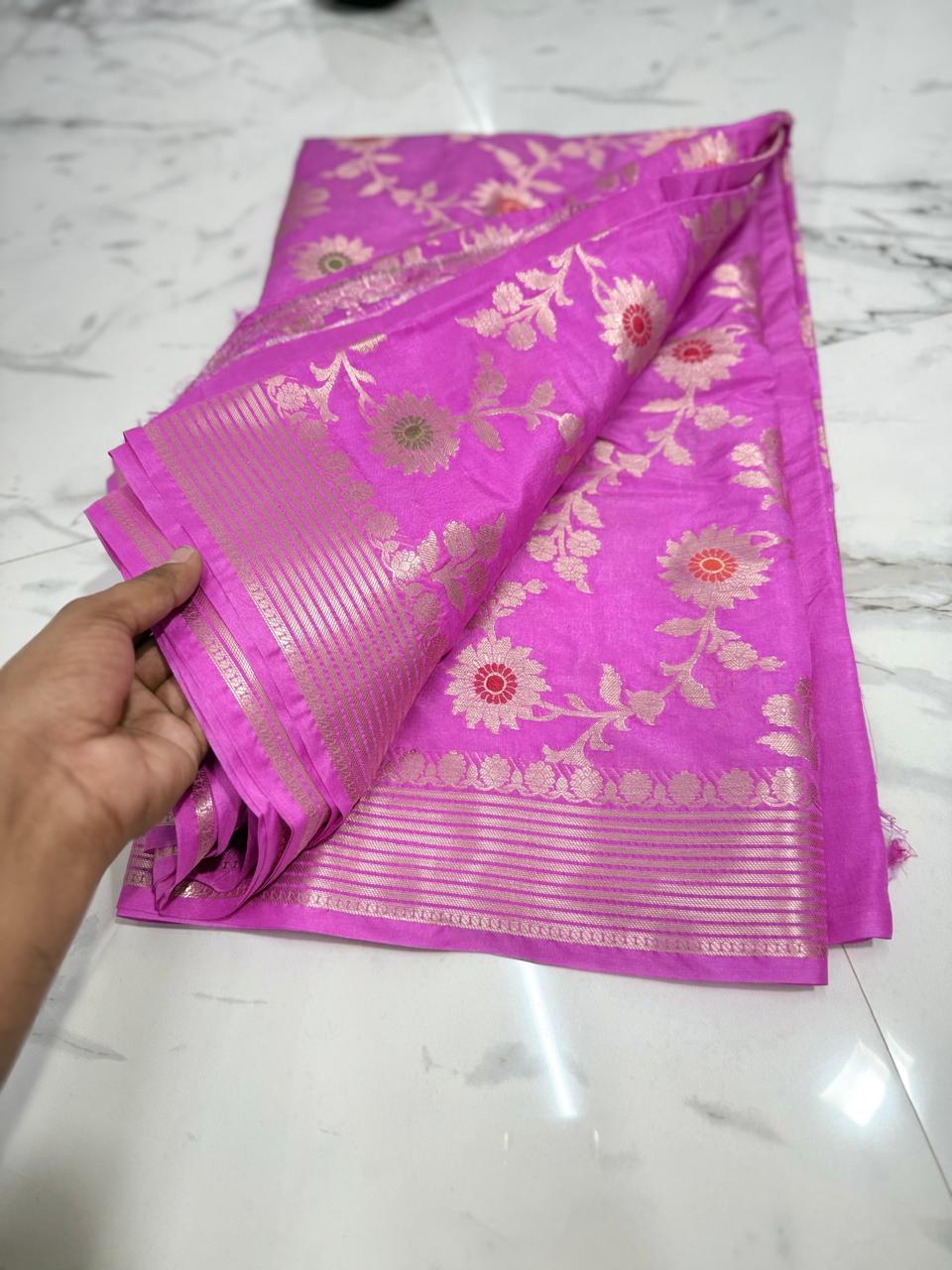 Banarasi Katan Dyeble Dupion Meenakari Jaal Silk Saree with Dual Zari Weaves-bypink