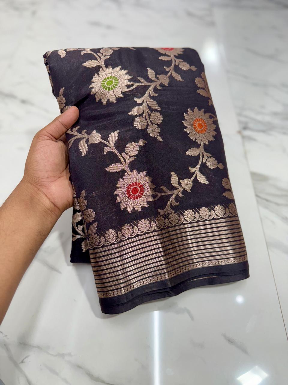 Banarasi Katan Dyeble Dupion Meenakari Jaal Silk Saree with Dual Zari Weaves-bk