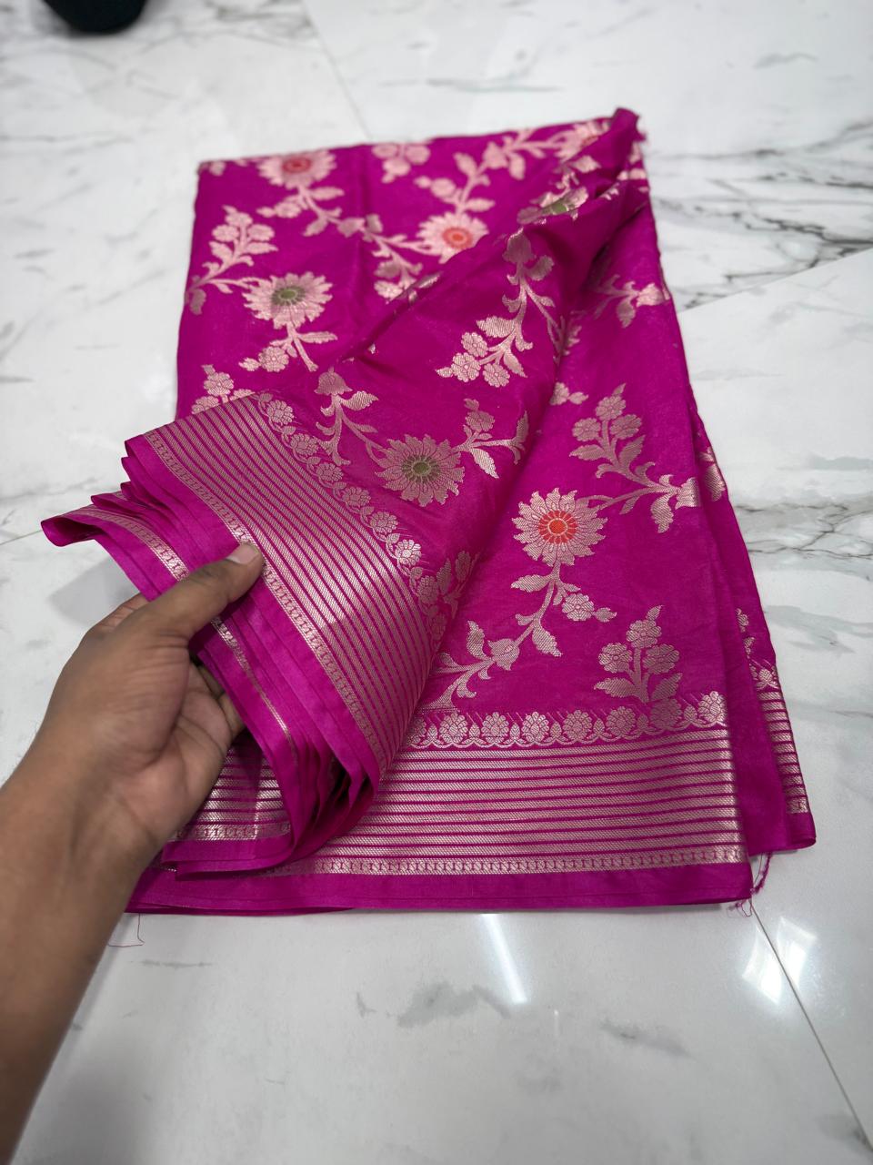 Banarasi Katan Dyeble Dupion Meenakari Jaal Silk Saree with Dual Zari Weaves-pinkk
