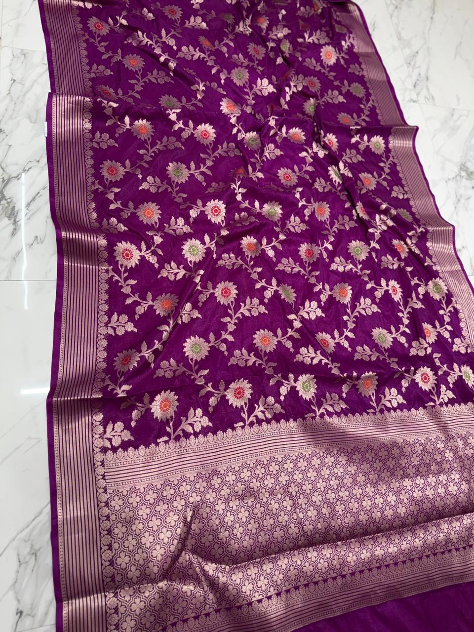 Banarasi Katan Dyeble Dupion Meenakari Jaal Silk Saree with Dual Zari Weaves-purple