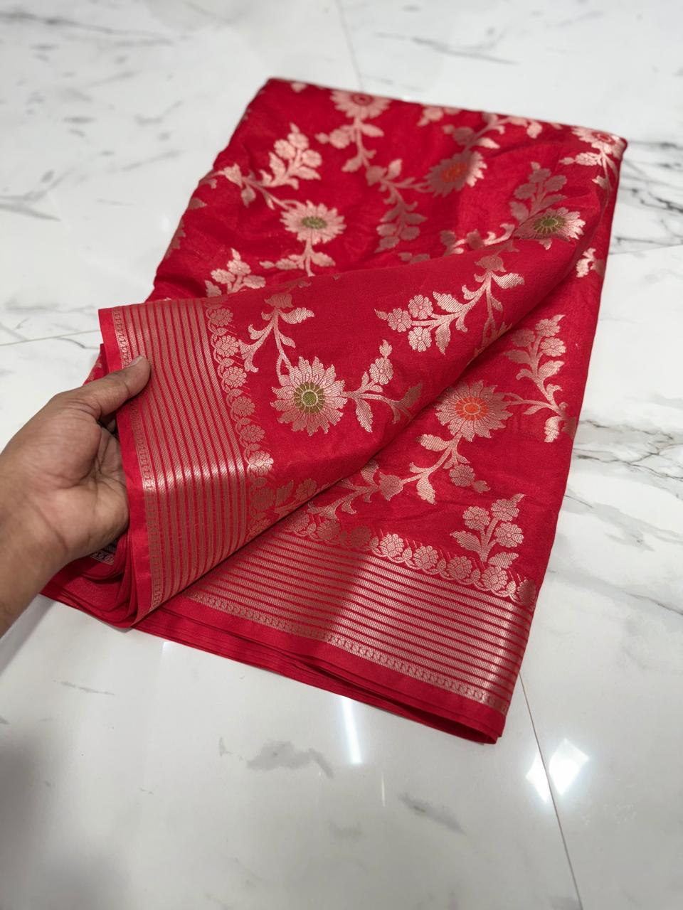 Banarasi Katan Dyeble Dupion Meenakari Jaal Silk Saree with Dual Zari Weaves-red