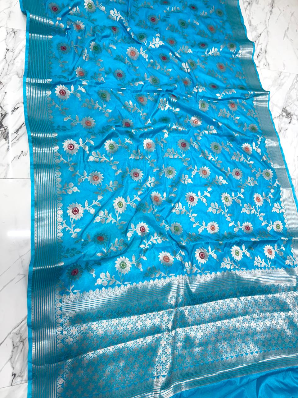 Banarasi Katan Dyeble Dupion Meenakari Jaal Silk Saree with Dual Zari Weaves-sky-full