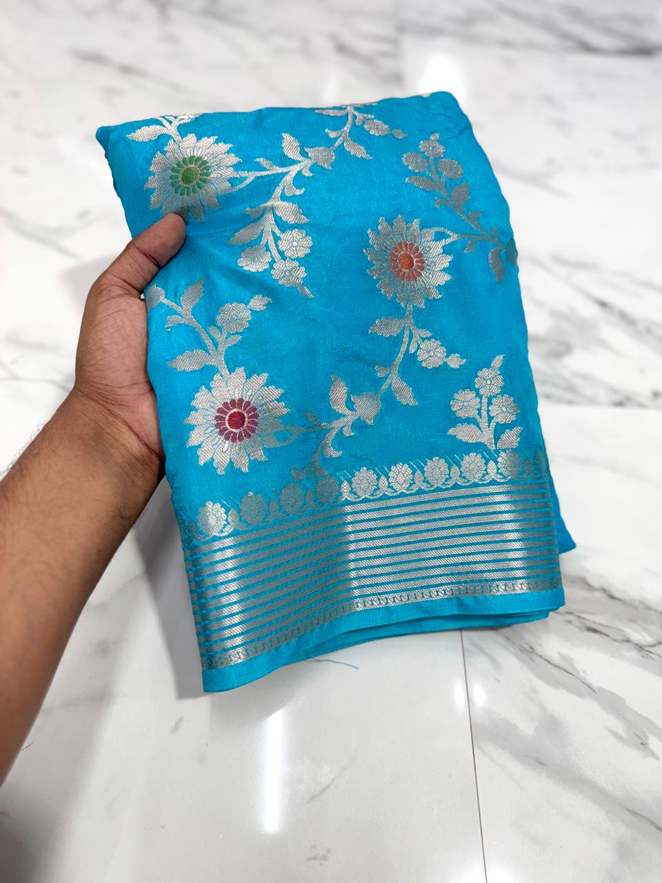 Banarasi Katan Dyeble Dupion Meenakari Jaal Silk Saree with Dual Zari Weaves-sky-saree