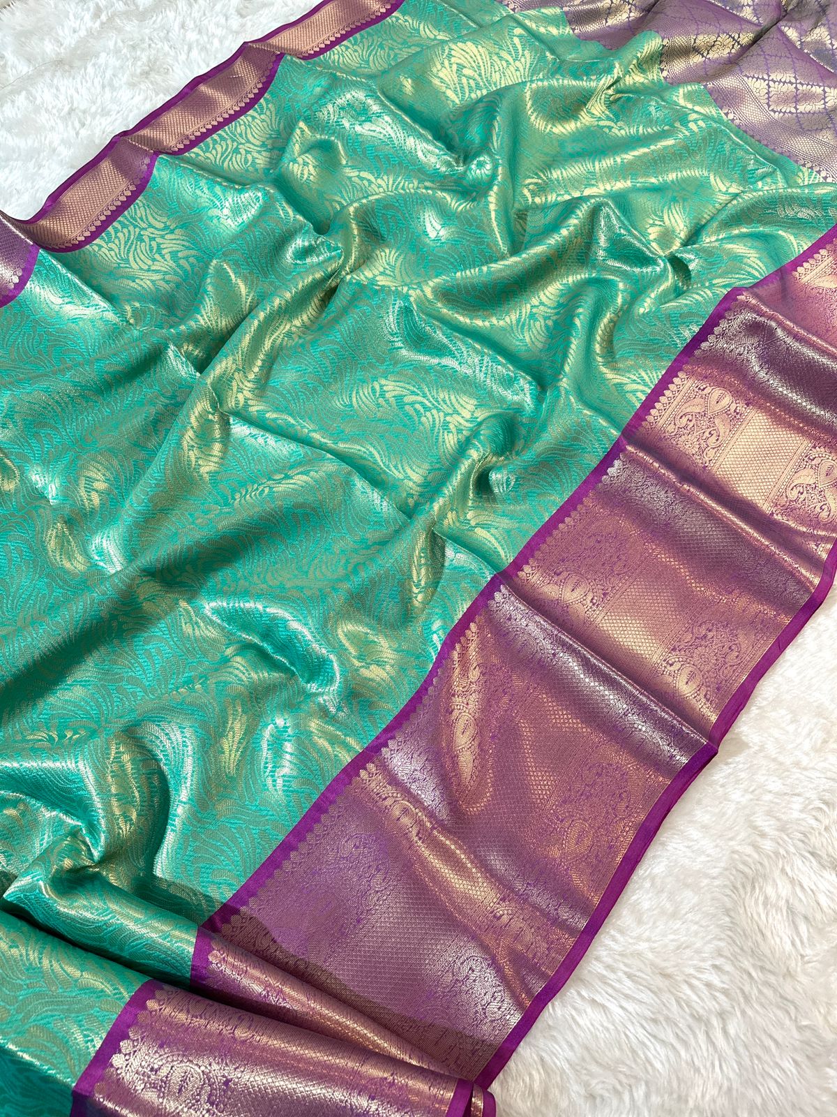 Banarasi Tissue Soft Silk Saree with Zari Border and Jacquard Fancy Blouse – Premium Quality by Rafia Fashions-sea-green-purple-border