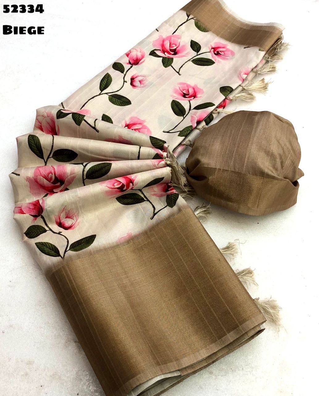 Handloom Tussar Silk Saree with Floral Digital Print & 9 Inch Zari Border-52334