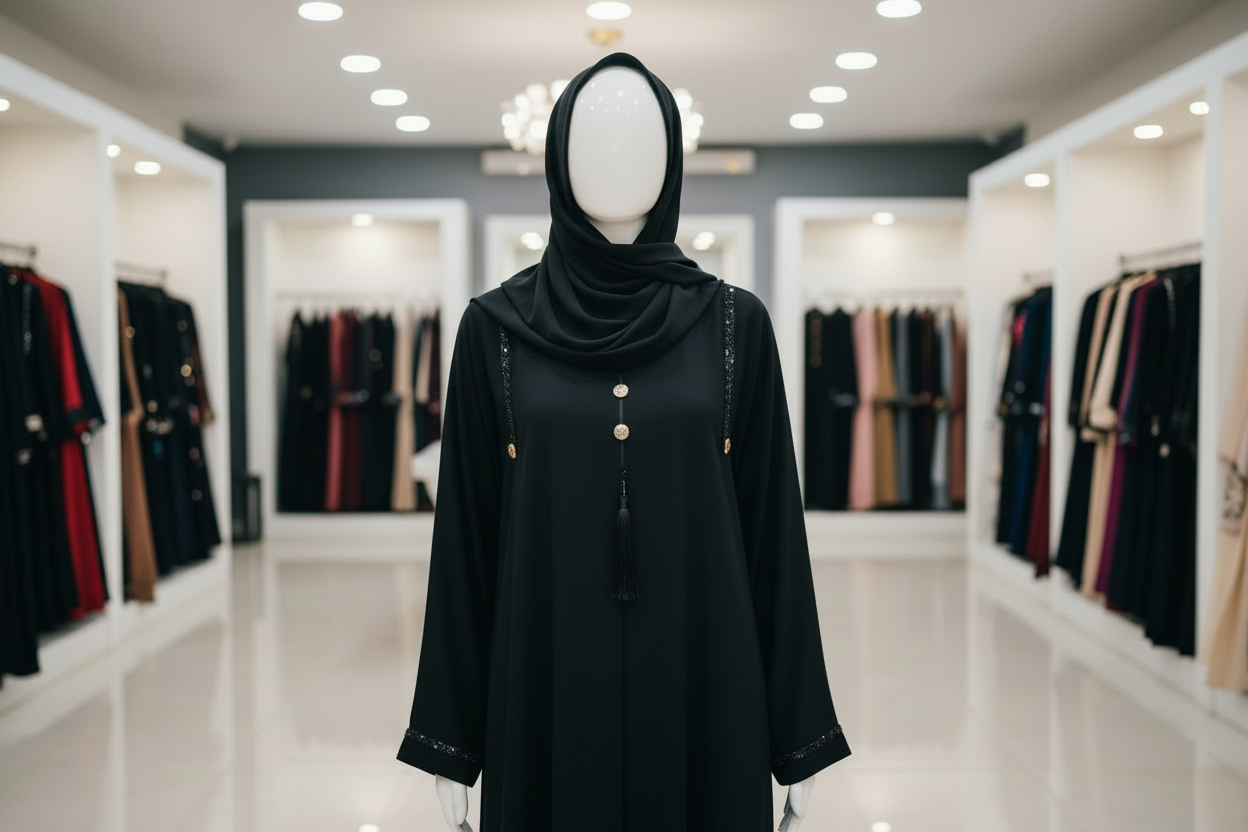 Mannequin wearing a black abaya with buttons in a clothing store.