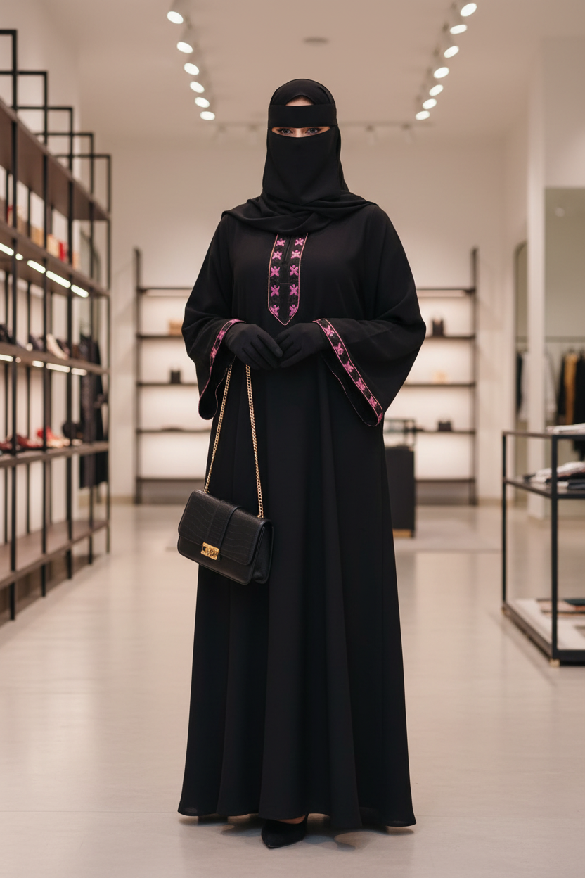 Black umbrella abaya with pink embroidery design on neckline and sleeve borders