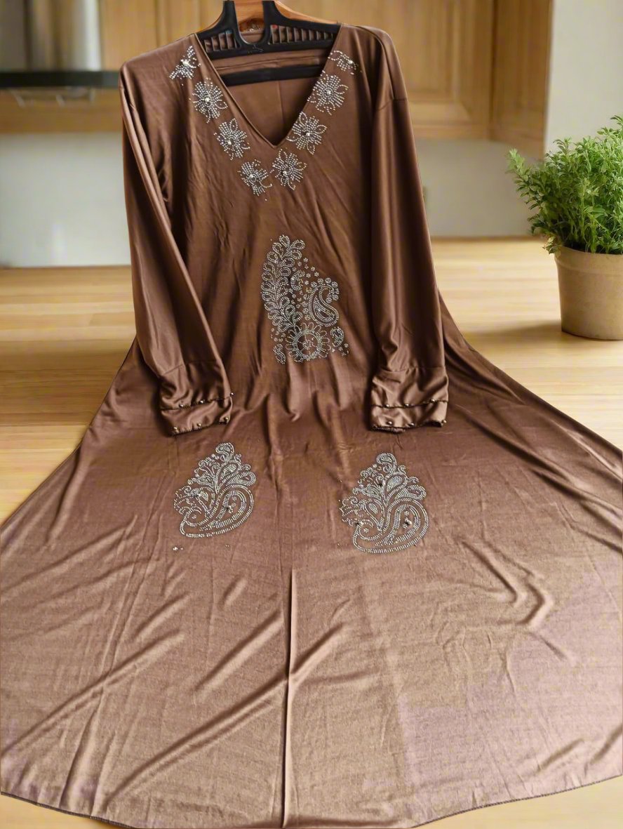 Chocolaty Brown Umbrella Stonework Abaya – Soft Lycra, Free Size