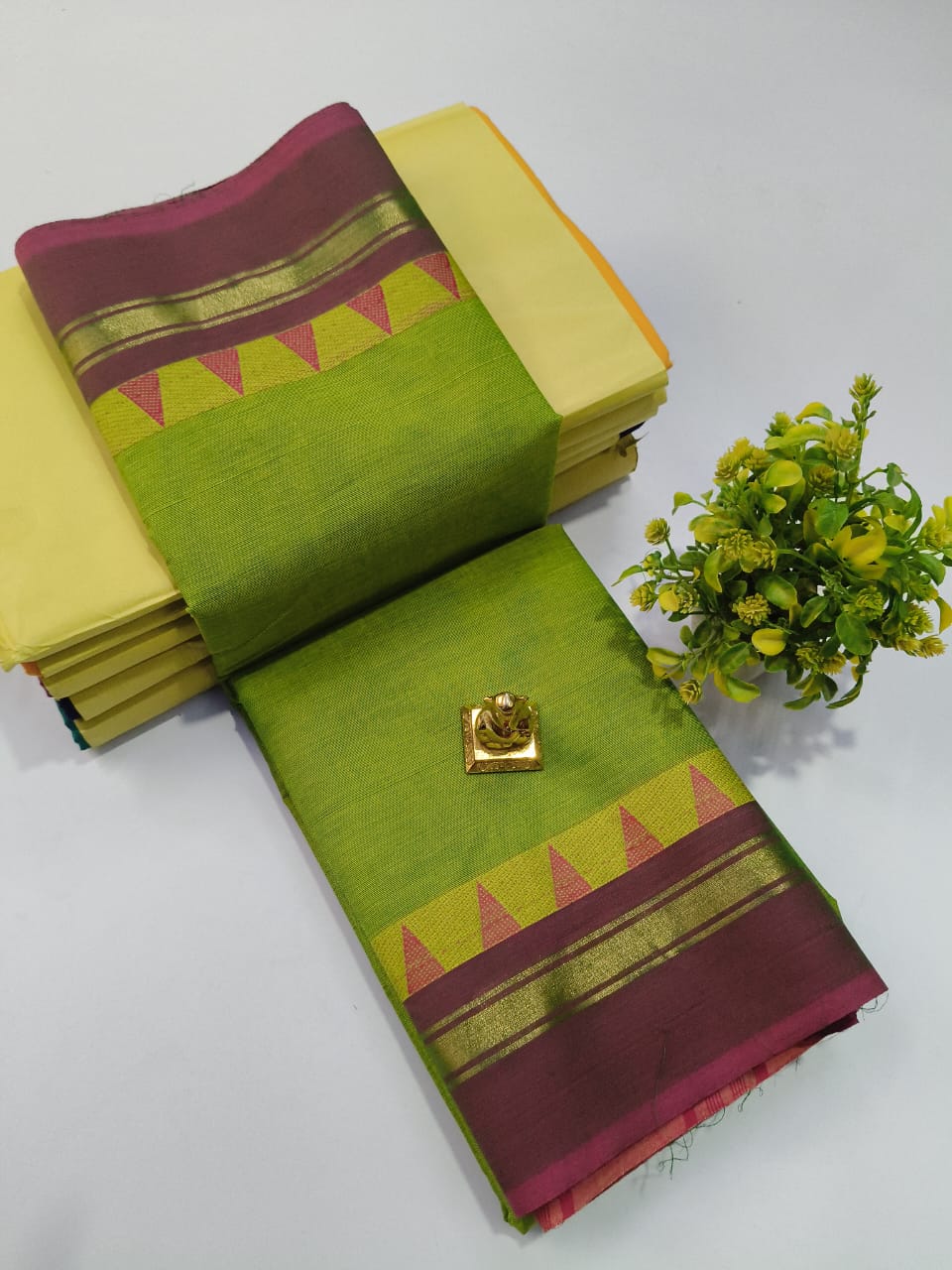 Pure 100 Count Chettinad Cotton Saree – Light green with brown Border-No Blouse