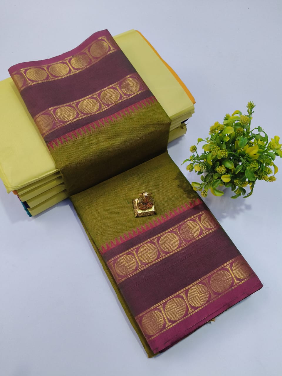 Pure 100 Count Chettinad Cotton Saree-green with maroon Border-No Blouse