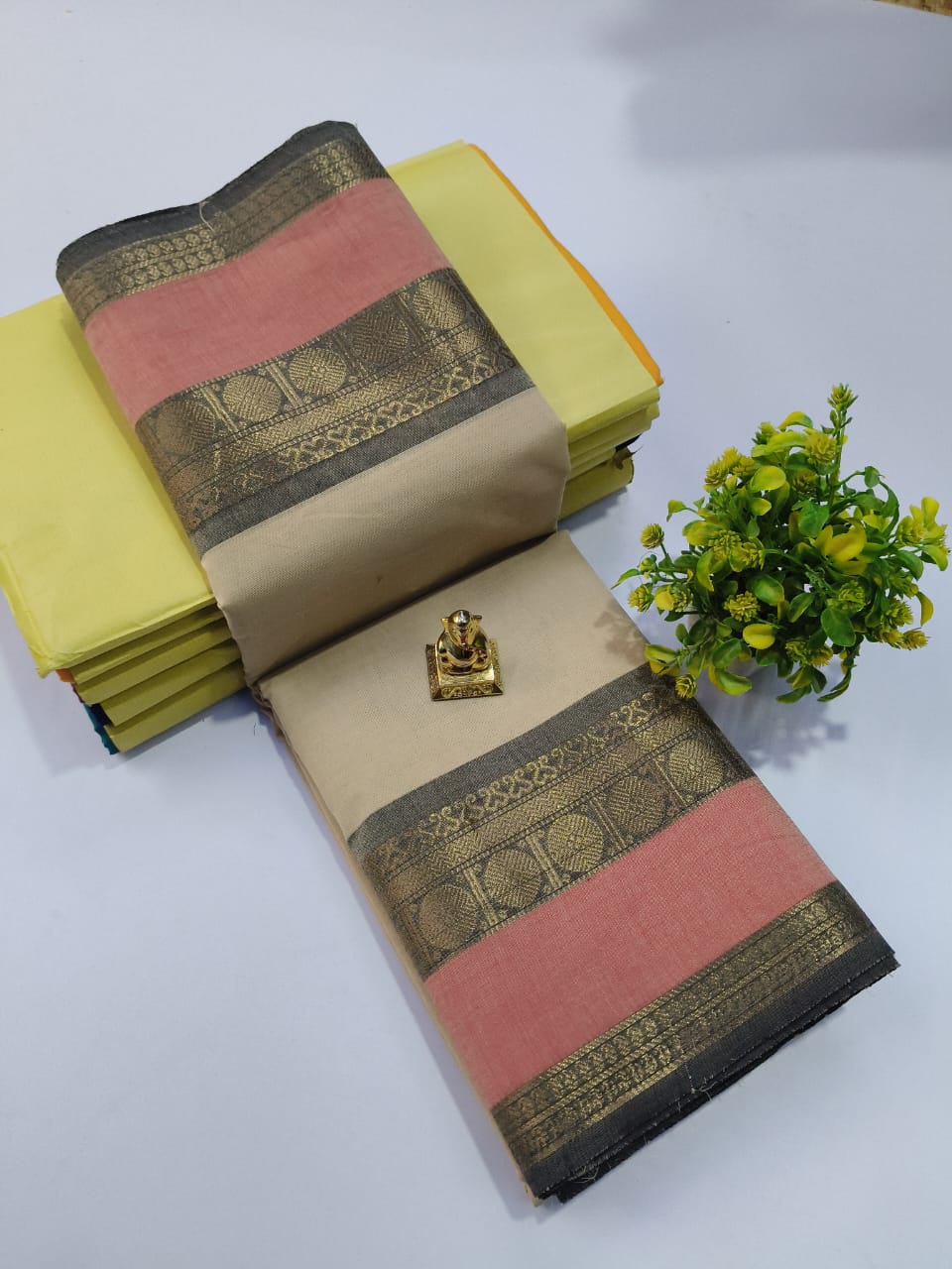 Pure 100 Count Chettinad Cotton Saree – skin color with cream Border-No Blouse