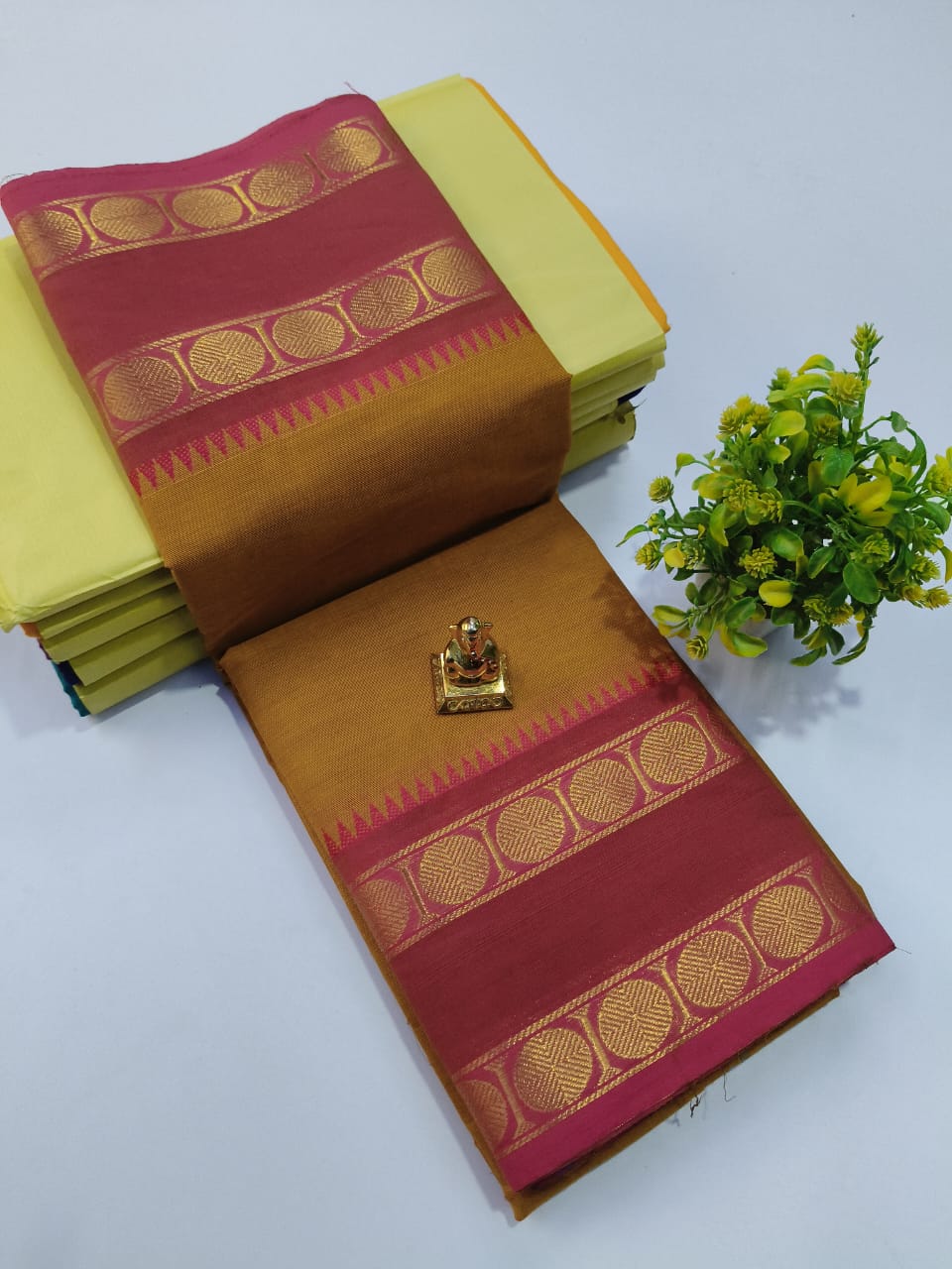 Pure 100 Count Chettinad Cotton Saree – Brown with maroon Border-No Blouse
