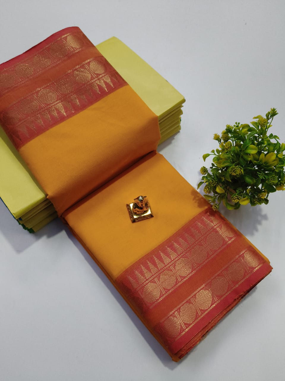 Pure 100 Count Chettinad Cotton Saree – Orange with red Border-No Blouse